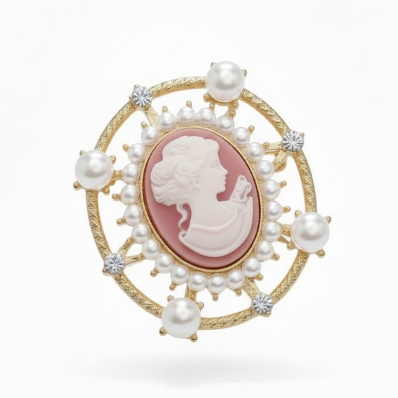 Jewelry - Gold-Tone Pink Cameo Pearl Statement Brooch